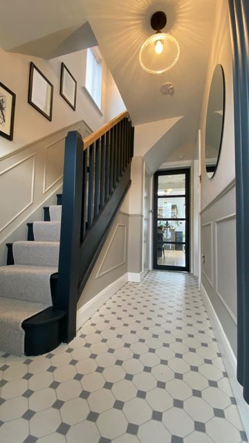 Patterned Tile Hallway, Terrace House Staircase, Hallway Half Panelling, Make Hallway Look Wider, Black Stairs Hallway, Natural Hallway Ideas, Panelled Hallway Colours, Hallway With Dado Rail, Carpet Hallway Ideas