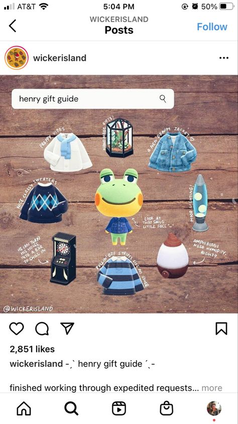 Acnh Henry Gift Guide, Acnh Henry Yard, Acnh Henry, Animal Crossing Accessories, Villagers Acnh, Acnh Characters, Outfit References, Animal Crossing Guide, Frog Gifts