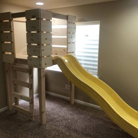 Playhouse with Slide - RYOBI Nation Projects Simple Indoor Slide, Diy Playhouse With Slide, Fort With Slide, Diy Indoor Playhouse With Slide, Slide In Playroom, Indoor Playhouse With Slide, Playroom With Slide, Diy Stair Slide, Diy Indoor Slide