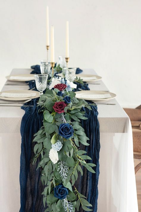 Burgundy And Navy Table Decor, Navy Blue And Burgundy Rustic Wedding, Navy Blue Cheesecloth Table Runner, Navy Cheesecloth Table Runner, Navy Table Runner Wedding White Linens, Navy Blue And Burgundy Wedding Reception Tables, Navy And White Table Decor, Navy Table Runner Wedding, Navy Blue And Burgundy Wedding Reception