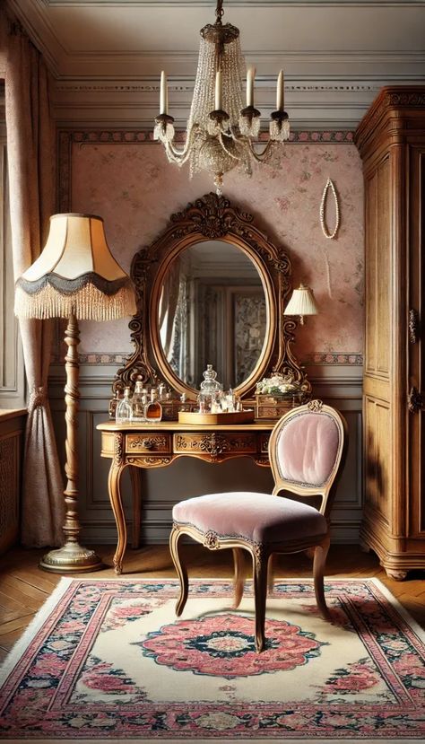 17+ Charming Vintage Room Decor Ideas for a Timeless Home 🕰️ Vintage Dressing Room Aesthetic, Vintage Makeup Room, Vintage Makeup Table, Vintage Furniture Ideas, Vintage Dressing Room, Antique Room Aesthetic, Vintage Room Decor Ideas, Vintage Room Aesthetic, Vintage Chic Decor