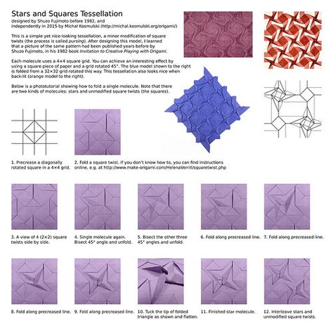 Stars and Squares Tessellation Tessellation Patterns, Origami Yoda, Origami Tutorial Easy, Origami Paper Folding, Origami Star Box, Origami Models, Origami For Beginners, Origami Dragon, Origami Fish