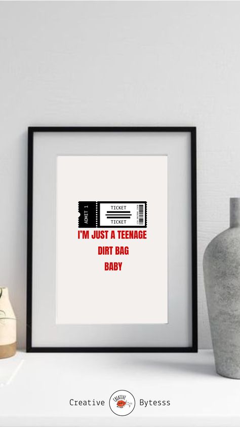 Embrace your rebellious spirit with our new printable poster! 🤘 Immerse yourself in the energetic vibes of '90s/2000s pop-punk, inspired by the anthem 'I'm just a teenage dirtbag baby.' 🎸 Elevate your space with a touch of pop-punk coolness! 🖤 Get yours now and let the pop-punk vibes rock on! 🚀 #PopPunkPoster #RebelVibes #TeenageDirtbag @etsy @etsyca @etsy_de @etsy_UK Baby Song Lyrics, Song Lyrics Wall Art, 2000s Pop, Baby Song, Lyrics Wall Art, Poster Typography, Poster Music, Typography Wall