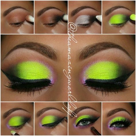 Eye Makeup Pictorial, Neon Green Eyeshadow, Colorful Eye Makeup Tutorial, Make Up Yeux, Maquillage Yeux Cut Crease, Makeup Pictorial, Pink Eye Makeup, Neon Makeup, Makeup Face Charts