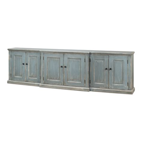 Sarreid Ltd San Marco 122'' Wide 2 Drawer Pine Solid Wood Sideboard | Wayfair Blue Grey Exterior, Farmhouse Credenza, Grey Farmhouse, French Country Blue, Farmhouse Sideboard, Saint Thomas, Visual Reference, Solid Wood Sideboard, Grey Exterior