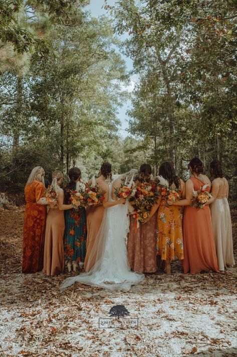 Mix Match Bridesmaids Dresses Fall, Diverse Bridesmaid Dresses, Original Bridesmaid Dresses, Bridesmaids Not Matching, Uncoordinated Bridesmaid Dresses, Floral Bridesmaid Dresses Mismatched Fall, Multicolored Bridesmaids Dresses Fall, Fall Wildflower Bridesmaid Dresses, Fall Wildflower Wedding Bridesmaids