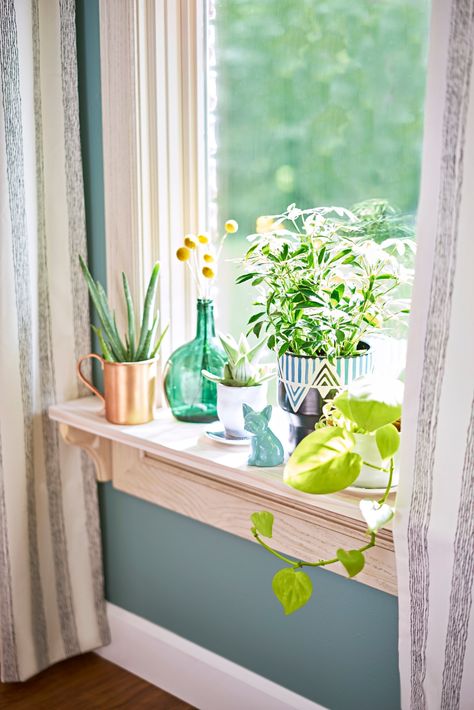 Bring the outdoors in! A windowsill is the perfect spot for a mini garden. Display bright plants in pretty, colorful containers to bring energy to your space. Ledge Decor, Window Sill Decor, Kitchen Window Sill, Window Shelves, Window Plants, Window Ledge, Bedroom Window, Window Room, Plant Shelves