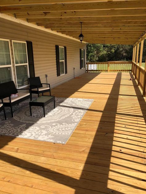 Double Wide Inspiration, Porches On Trailers Mobile Homes, Single Wide Deck Ideas, Back Porch Deck Ideas Mobile Homes, Trailer Home Porch Ideas, Custom Double Wide Trailer, Manufactured Home Bedroom Ideas, Back Deck On Mobile Home, Manufactured Home Back Patio Ideas