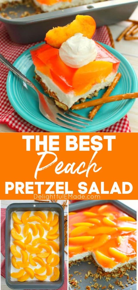 Peaches and Cream Pretzel Salad | AMAZING Jello Pretzel Salad Recipe! Peach Pretzel Salad Dessert, Peach Pretzel Dessert, Peach Pretzel Jello Dessert, Peach Jello Salad Recipes, Lemon Pretzel Salad, Peach Pretzel Jello Salad, Peach Pretzel Salad, Cherry Pretzel Salad, Pretzel Salads