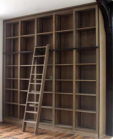 Ladder Rail - looks like a better way (in terms of cost and storing the ladder when needed) to have a library ladder Bookcase With Ladder, Bookcase Ladder, Floor To Ceiling Bookshelves, Home Library Rooms, Library Ladder, Library Room, Library Wall, Home Library Design, Home Libraries