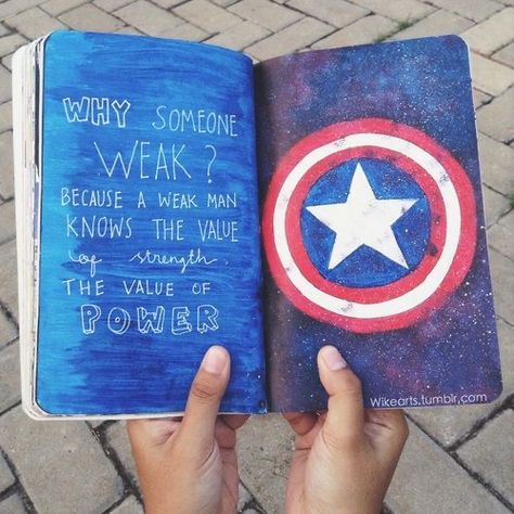 Captain America Doodle Art, Captain America Doodle, A Weak Man, Captain America Drawing, Weak Man, Spiderman Drawing, Marvel Drawings, Marvel Quotes, Wreck This Journal