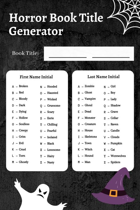 Horror Book Title Generator: 180+ Horror Title Ideas | Imagine Forest Book Title Ideas Dark, Book Chapter Title Ideas, Book Titles Ideas Wattpad, Story Title Generator, Book Title Generator, Book Title Ideas, Coach 2023, Title Idea, Halloween Writing Prompts