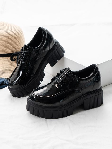 Black Cool    Plain Oxfords Embellished   Women Shoes Oxford Shoes Chunky, Oxford Platform Shoes Outfit, Black Shoes For School, School Shoes Aesthetic, Black Shoes Aesthetic, Black Oxfords With Chunky Platform And Round Toe, Elegant Black Platform Oxfords, Classic Black Platform Oxfords, Black Platform Oxford Shoes