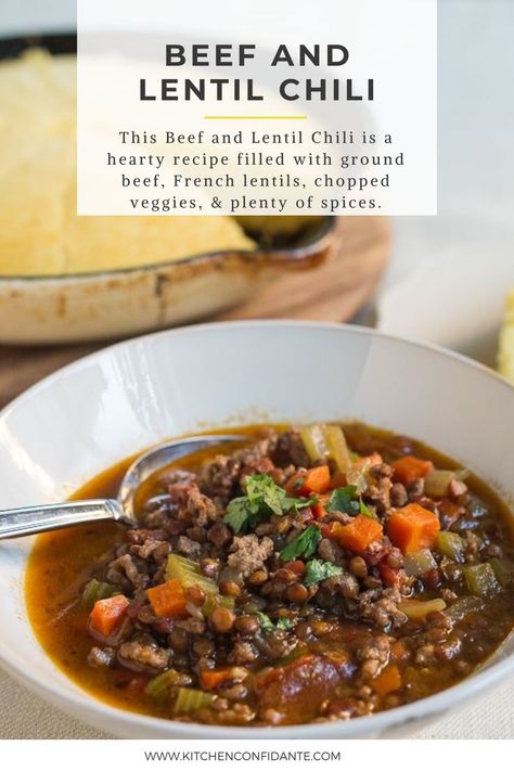 Beef and Lentil Chili in a bowl. Healthy Beef Chili Recipe, Beef Lentil Soup, Beef And Lentil, Lentil Chili Recipe, Ground Beef Stews, Slow Cooker Ground Beef, Celery Recipes, Ground Beef Chili, Chopped Veggies