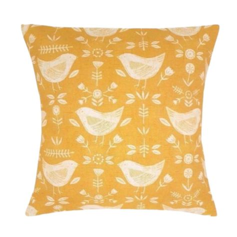 Fryetts Scandi Bird Narvik Ochre Cushion Cover Cushion cover yellow ochre white bird design.Handmade with 100% cotton Fryetts Narvik fabric .The back of the cover made with a plain ivory fabric or same fabric as front ( choose from menu ) and has an envelope opening (no fiddly zips).This listing is for one cushion cover only (pads not including ) .All my items is double overlocked edges to prevent fray.Please note that as each cover is handmade to order the placement of the pattern will vary fro