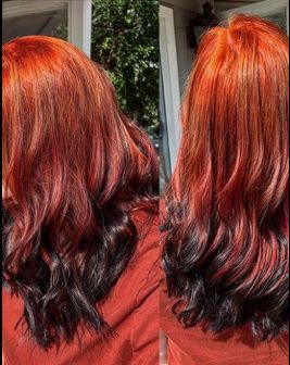 Orange Roots Red Hair, Orange To Black Hair, Fox Color Hair Dye, Orange Hair With Black Tips, Foxtail Hair Color, Ginger Hair With Black Highlights, Auburn And Black Hair, Ginger Hair With Black Tips, Foxtail Hair