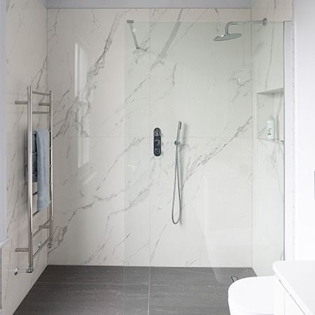 Showers With Large Format Tiles, Large Horizontal Shower Tile, Non Slip Tiles For Bathroom, Tile Alternatives For Showers, Alternatives To Tile Showers, Large Tile Shower Floor Ideas, Bathroom No Tiles On Walls, Bathroom Tile Alternatives, Alternative To Tile Shower Walls