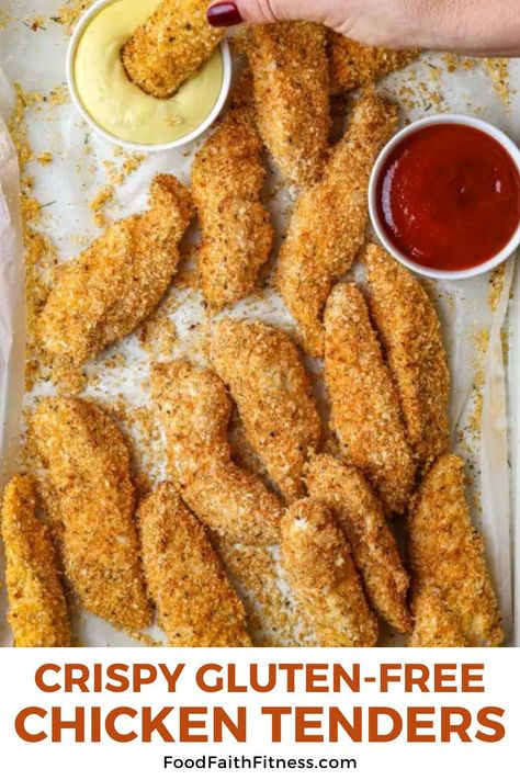 Prep, bake crispy gluten-free chicken tenders. Enjoy tender, flavorful bites with your favorite healthy dipping sauce. Simple and delicious! Air Fryer Gluten Free Chicken Tenders, Chicken Tenderloin Recipes Gluten Free, Gluten Free Breaded Chicken Tenders, Gluten Free Fried Chicken Tenders, Gluten Free Chicken Tenders Air Fryer, Gluten Free Chicken Tender Recipes, Shredded Chicken Recipes Gluten Free, Dairy Free Chicken Tenders, Gf Chicken Tenders