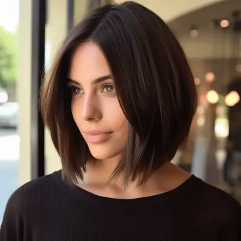 55 Trending Dark Brown Hair Color Ideas Right Now Dark Bobs For Fine Hair, Bob Hairstyles Dark Brown Hair, Collar Bone Bob With Layers, Straight Hairstyles Brown Hair, Short Dark Brown Hair Styles, Cool Dark Hair Color Ideas, Thick Brown Hair Cuts, Inverted Lob Haircut Fine Hair, Brown Hair Bobs