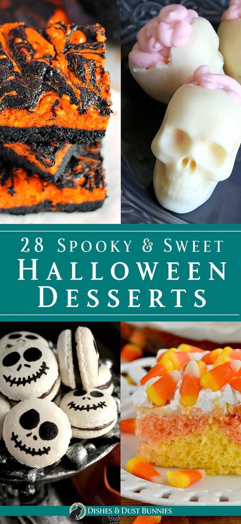 30 Spooky & Sweet Halloween Desserts - Some of yummiest and most creative Halloween dessert recipes you can find online - many of them super easy to make too! Make one of these recipes and bring it to your next Halloween party and I guarantee you'll be the most popular ghoul of them all! ;) via @mvdustbunnies Fast Halloween Desserts, Creative Halloween Desserts, Halloween Dessert Recipes, Spooky Halloween Desserts, Halloween Food Desserts, Halloween Dessert, Dust Bunnies, S'mores, Fall Dessert