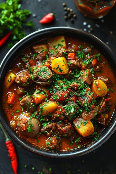 A hearty beef stew with chunks of potatoes and vegetables garnished with fresh parsley. Cozy Winter Recipes Dinners, Traditional Goulash Recipes, Hungarian Goulash Recipes, Austrian Goulash, Kibbeh Recipe Lebanese, Cozy Winter Recipes, Hungarian Goulash, Sw Meals, Goulash Recipe