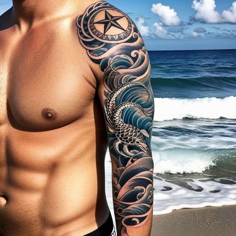 "Dive into Serenity: Ocean-Inspired Half-Sleeve" Detailed waves and shells flow seamlessly in this breathtaking black-and-grey half-sleeve tattoo. on the demand of one of our follower #HalfSleeveTattoo #OceanWaves #TattooInspiration #TattooDesign #tattoos #tattooart #tattooing #tattooideas #tattoodesign #tattooartist #tattooart #tattooinspiration Ocean Half Sleeve, Ocean Sleeve Tattoos, Nautical Tattoo, Half Sleeve Tattoos For Guys, Ocean Inspired, Half Sleeve Tattoo, Tattoo Sleeve Men, Sleeve Tattoo, Ocean Inspiration