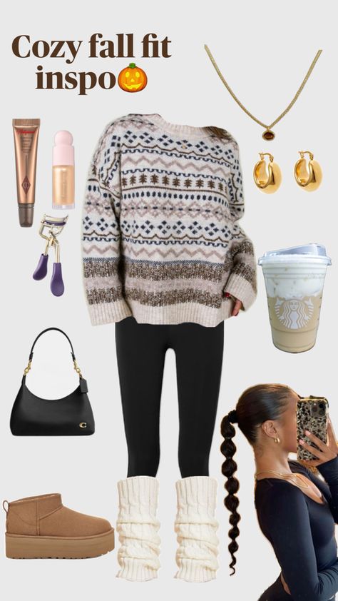 Trendy sweater, Lulu lemon leggings, leg warmers, jewelry, rare beauty, charlotte tillberry, tarte, uggs, coach, and Starbucks Charlotte Tillberry, Lulu Lemon Leggings, Coffee Fall, Trendy Sweater, Winter Outfit Ideas, Fall Fit, Trendy Sweaters, Lulu Lemon, Rare Beauty