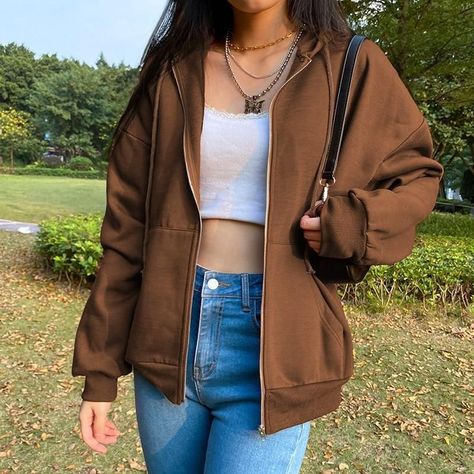 ed519dacc89b2bead3f453b0b05a4a8bdesc53017112ri Harajuku Jacket, Aesthetic Hoodies, Brown Zip Ups, Brown Hoodie, Looks Pinterest, Harajuku Outfits, Winter Sweatshirt, Sweatshirt Women, Brown Jacket