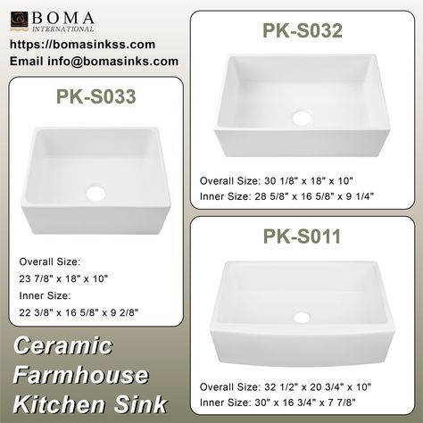 Looking for durable and elegant kitchen sinks to upgrade your inventory? Our ceramic farmhouse kitchen sinks are the ideal choice — crafted from high-quality vitreous china, glossy glazed finish and available in various sizes and designs, such as: ·PK-S033: 23 inch flat apron kitchen sink ·PK-S011: 33 inch large curved apron kitchen sink ·PK-S032: 30 inch flat apron farmhouse sink Explore our full range on https://bomasinkss.com. #porcelainsink #porcelain #ceramicsink #vitreouschina #whites... Apron Farmhouse Sink, Apron Kitchen Sink, Apron Sink Kitchen, Apron Kitchen, Porcelain Sink, Farmhouse Apron Sink, Farmhouse Sink Kitchen, Elegant Kitchens, Kitchen Sinks