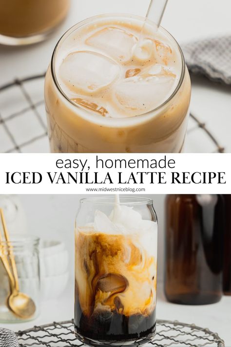 Coffee Recipes With Vanilla Syrup, Iced Coffee With Oat Milk, Homemade Iced Latte, Iced Vanilla Latte Recipe, Expresso Recipes, Vanilla Latte Recipe, French Vanilla Syrup, Iced Vanilla Latte, Iced Latte Recipe