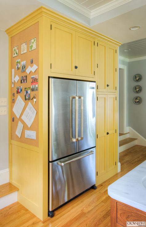 Refrigerator Surround, Cabinets Around Fridge, Yellow Kitchen Cabinets, Crown Point Cabinetry, Refrigerator Panels, Two Tone Kitchen Cabinets, Yellow Cabinets, Refrigerator Cabinet, Kabinet Dapur