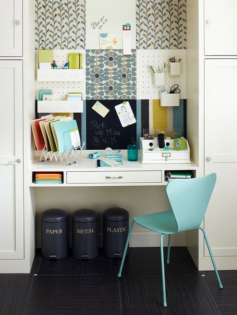 Study Room Ideas. cork board panels above desk Desk Nook, Office Nook, Desk Areas, Design Blogs, Home Office Storage, Small Home Office, Craft Room Office, Home Office Space, Small Office