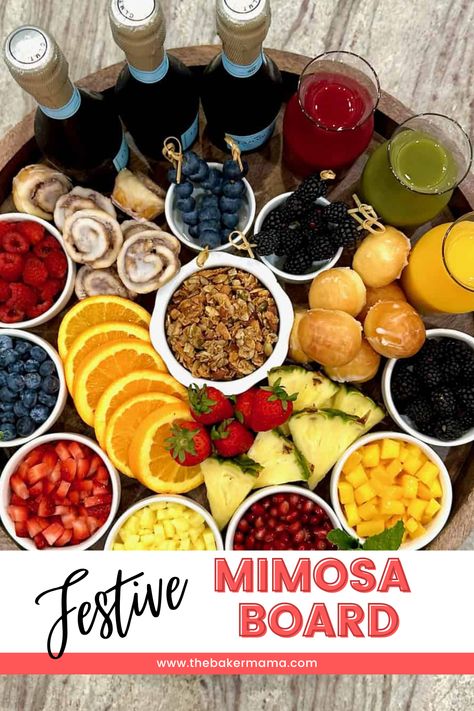 Try making this simple Mimosa Board! Hositing a brunch or shower? Try celebrating with this simple  Mimosa Board. Let your guests mix their own mimosas with a baord filled with fresh fruit, herbs, prosecco and champange along with fresh juice. Such a fun baby or wedding shower idea. Mimosa Bar Christmas, Mimosa Party Ideas, Mimosa Charcuterie Board, Mimosa Board, Mimosa Bar Ideas Brunch Party, Mimosa Party, Breakfast Theme, Raspberry Granola, Champagne Cheers