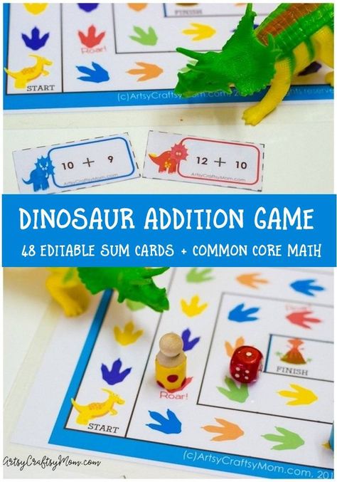 These cute dinosaurs will help you learn addition in a jiffy - Maths was never so much fun! Printable Dinosaur Addition Game via @artsycraftsymom Dinosaur Addition, Dinosaur Math, World Maths Day, Math Art Activities, Games Kindergarten, Maths Day, Math Board Games, Math Board, Kindergarten Math Games