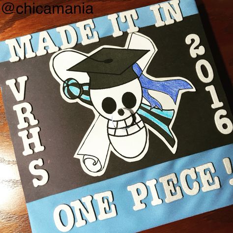 Finally finished my graduation cap design! What do you guys think?! Jojo Graduation Cap, One Piece Graduation Cap, Anime Graduation Cap Designs, Graduation Cap Designs Guys, Anime Graduation Cap, Diy Grad Cap, Graduation Hat Designs, Creative Graduation Caps, Graduation Boards