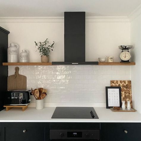 Kitchen Interior With Shelves, Kitchen With Wall Shelves, Floating Shelves Kitchen Next To Hood, Range Hood Open Shelving, Black Kitchen Open Shelving, Kitchen Shelves White, Kitchen Hood Shelves, Kitchen Shelves Next To Extractor, Extractor Hood Ideas Open Shelves