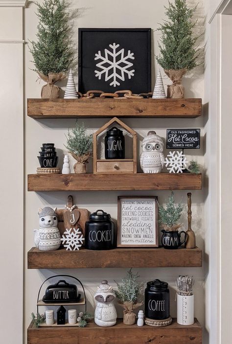 Farmhouse Christmas Shelf Decor, Christmas Shelves Decor, Christmas Shelf Decor Ideas, Farmhouse Bookshelf Decor, Hobby Lobby Christmas Decor, After Christmas Winter Decor, Christmas Shelves, Grey Sofa Living Room, Hobby Lobby Christmas