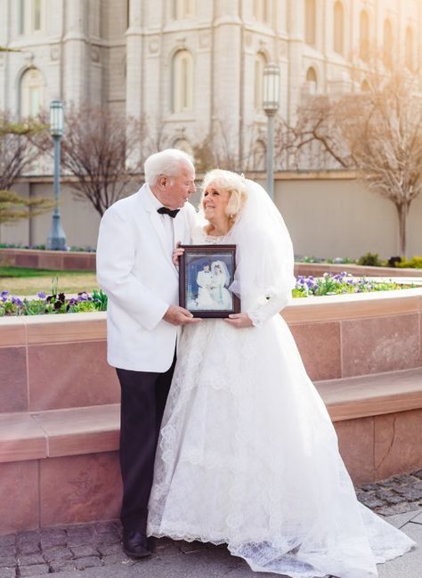 Most Adorable Photos: LDS Couple Recreates Wedding Photos on 50th Anniversary | LDS Living Wedding Photos List, Forest Wedding Dress, Wedding Photo List, Homemade Wedding Gifts, Wedding Anniversary Quotes, Wedding Dresses Sweetheart Neckline, Bridesmaid Funny, Lds Wedding, Wedding Hairstyles With Veil