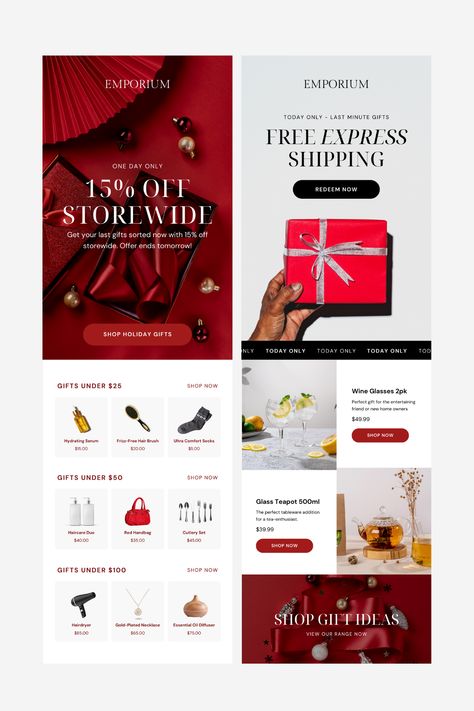 Holiday Email Design Inspiration, Customer Review Email Design, Holiday Email Marketing, Gift Guide Email Design, Promotional Email Design, Christmas Email Marketing, Jewelry Email Design, Emailer Design Layout, Email Newsletter Design Layout