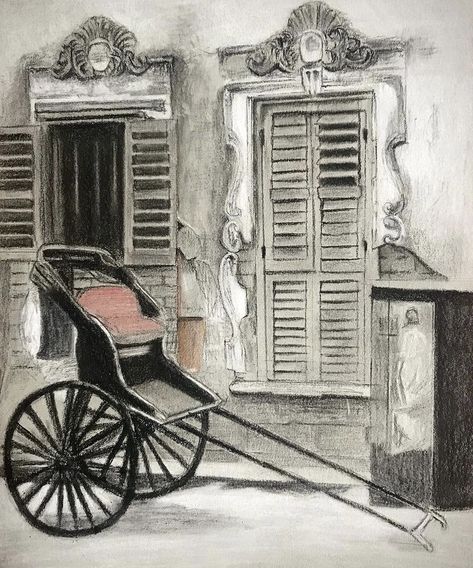 Charcoal sketch of a heritage structure and the rickshaw in Kolkata. Whimsical Art Journal, Bengali Art, Contemporary Folk Art, Illustration Sketchbook, Charcoal Sketch, Architecture Drawing Art, Charcoal Art, Landscape Art Painting, Artist Illustration