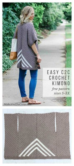 Easy C2C Kimono Sweater Free Crochet Pattern  Aber in einem Stück statt vieren tat des fei scho besser ausschaun... Corak Krusye, Crochet Kimono Pattern, Poncho Au Crochet, Crochet Kimono, شال كروشيه, Confection Au Crochet, Easy Crochet Patterns Free, Kimono Sweater, C2c Crochet