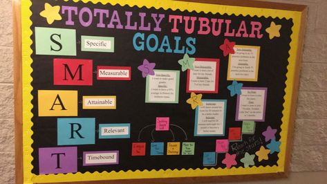 My 2018 Spring Semester January bulletin board. Totally Tubular "80s themed" goal setting board. Ramapo College of New Jersey RA Amy Spring Semester Door Decs, Goal Setting Bulletin Board, Goal Setting Board, Bulletin Board Sayings, Ramapo College, Board Sayings, January Bulletin Boards, Ra Bulletins, Ra Boards