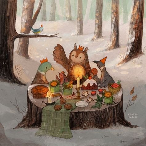 Here's something cosy and bird themed that I whipped up for the first day of the #advent_challenge. It's a digital-traditional combo and I had the most fun painting it! 🤎 Digital illustration, winter, christmas, festive, woodland animals, birds, snow, traditional digital art illustration by Raahat Kaduji raahatkaduji.com Winter Aesthetic Animals, Cosy Winter Illustration, Christmas Illustration Animals, Christmas Animal Art, Winter Art Aesthetic, Winter Animals Illustration, Winter Illustration Art, Cute Winter Illustration, Raahat Kaduji