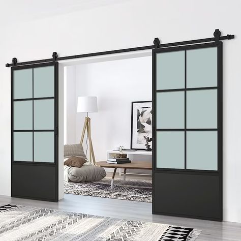 CALHOME 60-in x 84-in Frosted Glass Black 7-panel Frosted Glass Solid Core Prefinished Glass Double Barn Door (Hardware Included) in the Barn Doors department at Lowes.com Metal Barn Door, Double Sliding Barn Door, Double Sliding Barn Doors, Bypass Barn Door, Sliding Tracks, Glass Barn Doors, Metal Barn, Black Steel Frame, Double Barn Doors