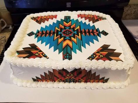 Beautiful Native themed sheet cake by a native designer goes viral on FB. You'll want one for your own celebration.  Louisa Fuentes designs these cakes from Warm Springs, Oregon. Western Sheet Cake Ideas, 16teen Birthday, Country Birthday Cakes, Native American Cake, Western Cookies, Western Birthday Cakes, Unbelievable Cakes, 12th Birthday Cake, Beading Designs