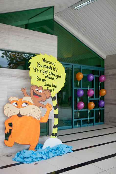 The Lorax Theme Party, The Lorax Decorations Classroom, The Lorax Party Decorations, Lorax Decoration Ideas, Lorax Party Decorations, Lorax Party Ideas, The Lorax Birthday Party Ideas, Cat In The Hat Decorations, The Lorax Trees