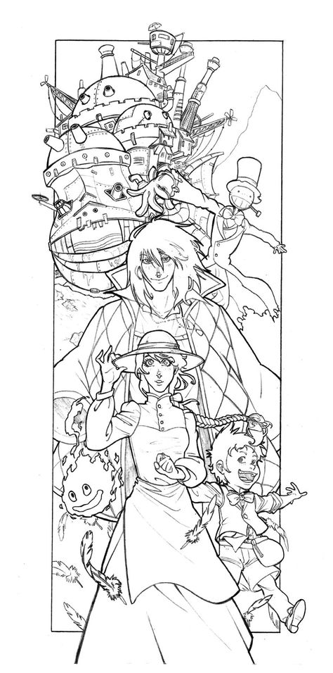 Deviantart find. (Artist)And the last one of my Ghibli prints! This one about one of the last studio Ghibli's movies! Howl's Moving Castle! (Yeah, i know Tales from Earthsea and Ponyo on the Cliff by the Sea are ... Ghibli Coloring Pages, Studio Ghibli Coloring Pages, Ghibli Coloring, Howl's Moving Castle Tattoo, Castle Coloring Page, 하울의 움직이는 성, Castle Tattoo, Garden Coloring Pages, Ghibli Tattoo