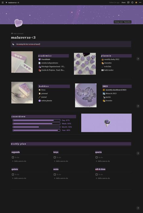 #Purple_Notion #Dark_Purple_Color_Scheme #Notion_Homepage #Homepage_Inspiration Homepage Inspiration, Gamify Your Life, Mildliner Highlighters, Notion Aesthetic, Homepage Template, Med School Motivation, Monthly Planner Template, Wake Ideas, Templates Free Design