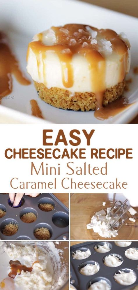 Mini Cheesecakes Caramel, Mini Salted Caramel Cheesecake Recipes, Mini Caramel Cheesecake Recipes, Easy Salted Caramel Cheesecake, Caramel Brownie Cheesecake Cups, Salted Caramel Cheesecake Cupcakes, Cheesecake Recipes Caramel, Mini Cheesecake Recipes Easy, Mini Salted Caramel Cheesecake