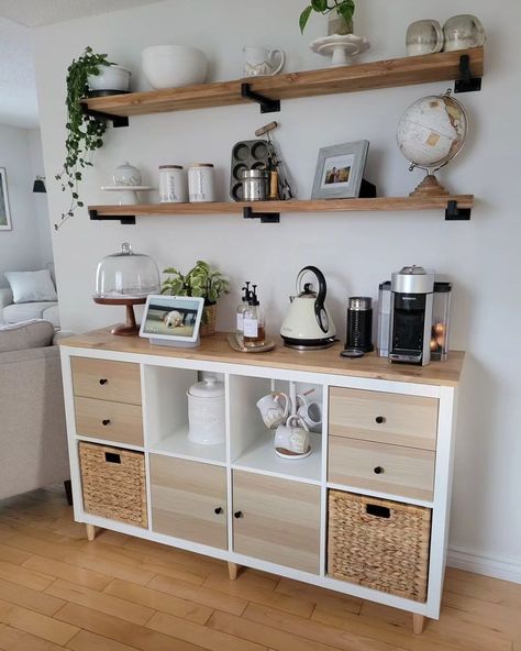 Sara Elizabeth (@sarabethmakes) • Instagram photos and videos Home Coffee Bar Modern, Kitchen Espresso Bar, Kitchen Ideas Coffee Station, Coffee Bar Under Window, Espresso Bar In Kitchen, Breakfast Bar Decor Ideas, Corner Cabinet Coffee Bar, Simple Coffee Station, Espresso Coffee Bar